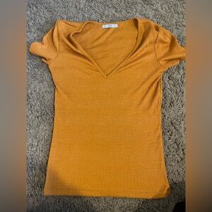 Zara Women's Short Sleeve Ribbed Top - Mustard